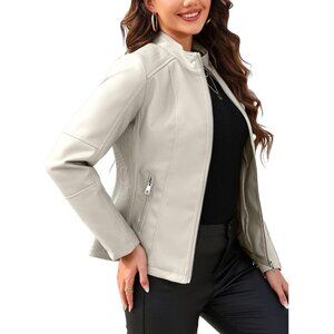 Women's Coal Beige Faux Leather Quilted Shoulders & Zipper Classic Biker Jacket